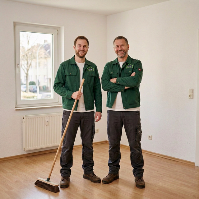 Zwei professionelle Entrümpler in Arbeitskleidung stehen in einem sauber geräumten Raum